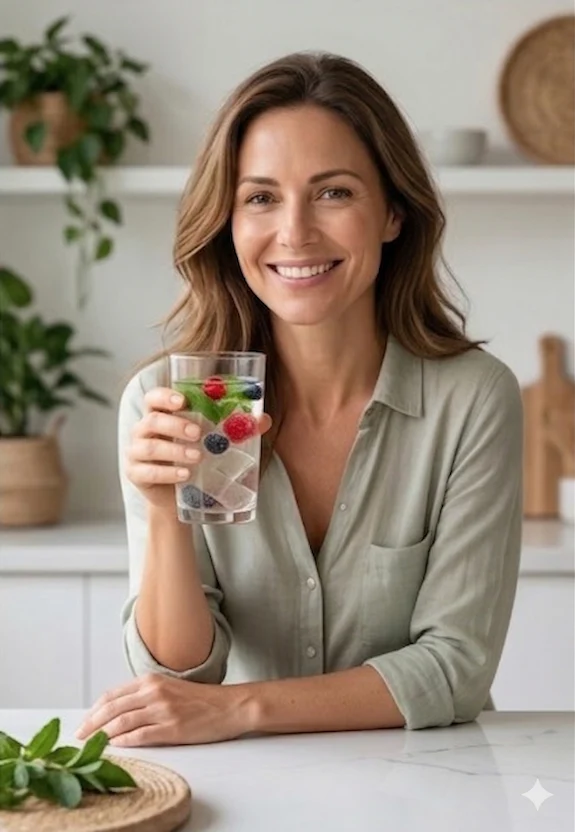Mulher sorrindo segurando um copo com bebida natural